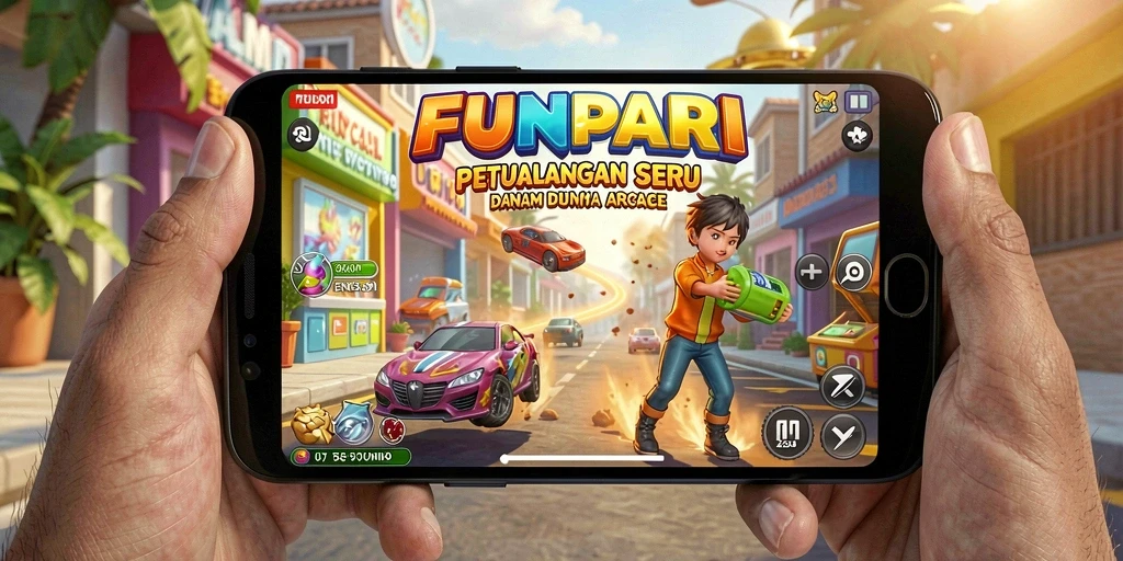 Screenshot gameplay FUNPARI menampilkan aksi mendebarkan dan grafis cerah.