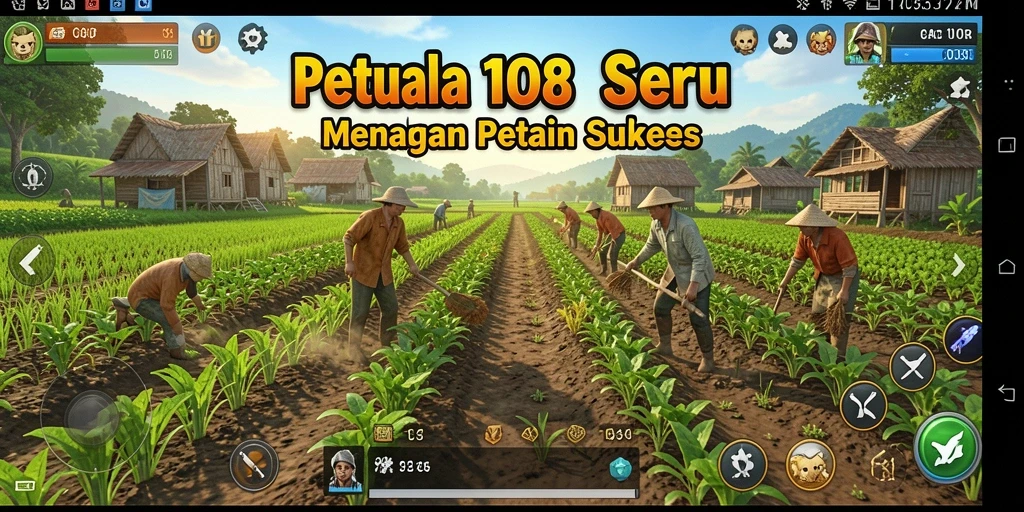 Tampilan gameplay GACOR108 dengan ladang subur dan hewan ternak.