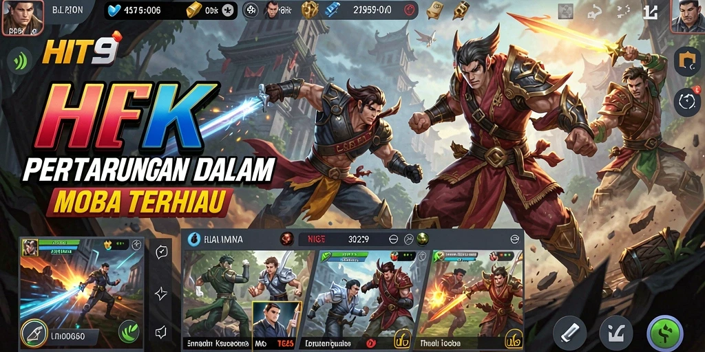 Tangkapan layar gameplay HIT9 yang menunjukkan pertempuran seru di arena MOBA.