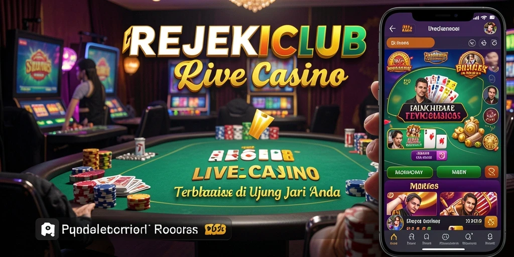 Screenshot gameplay REJEKICLUB menunjukkan dealer langsung dan suasana kasino yang nyata.