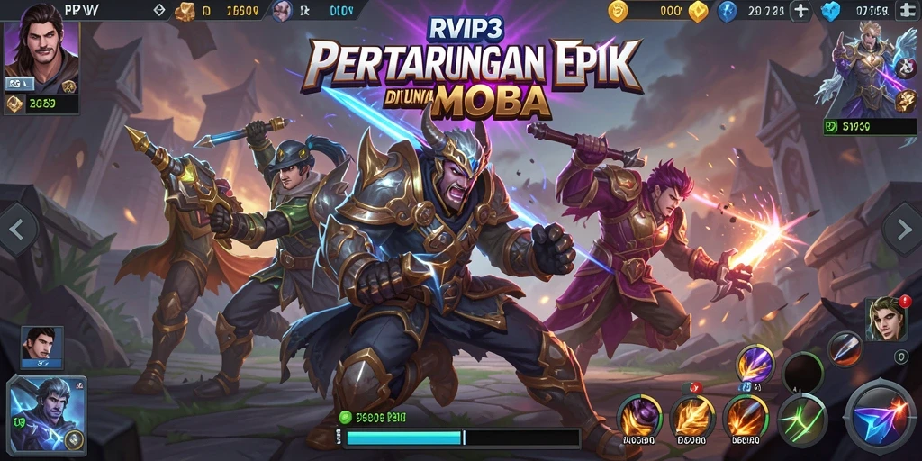 Screenshot gameplay RVIP3 dengan aksi pertarungan MOBA yang intens.